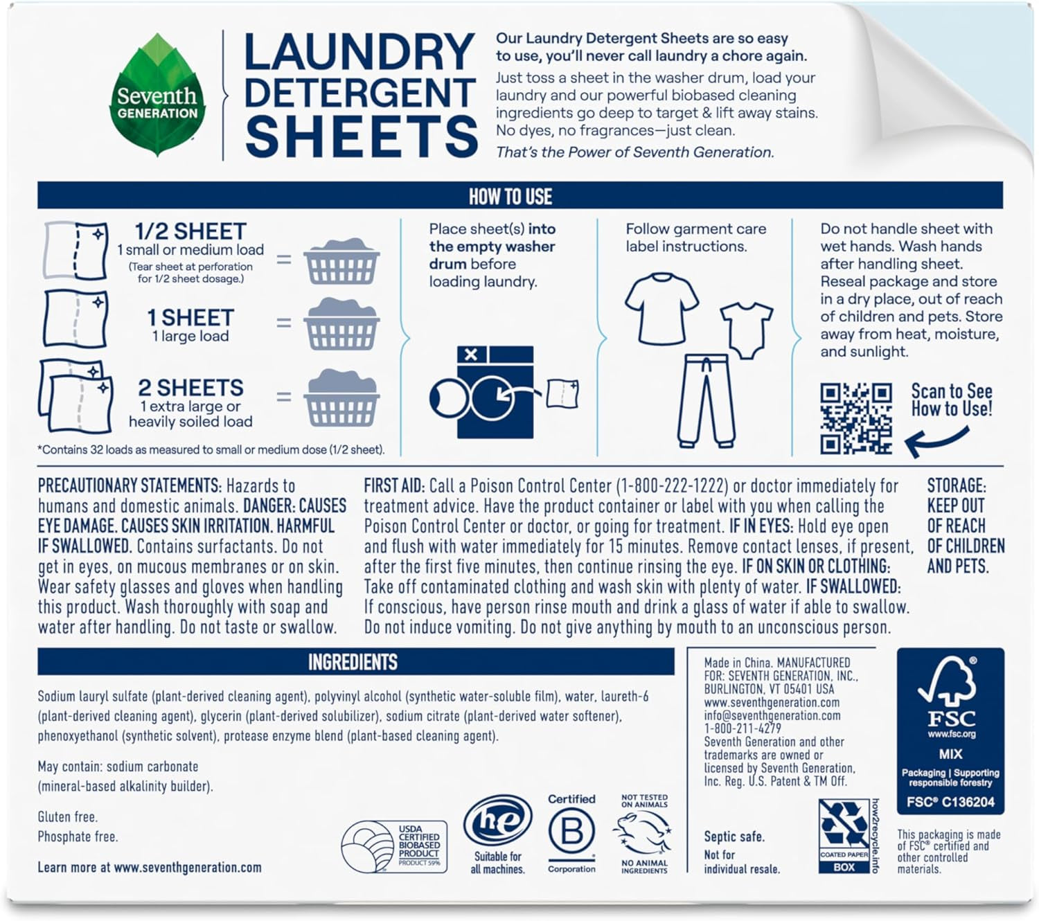 Laundry Detergent Sheets, up to 64 Loads, Free & Clear, Made for Sensitive Skin, Safer for Your Family