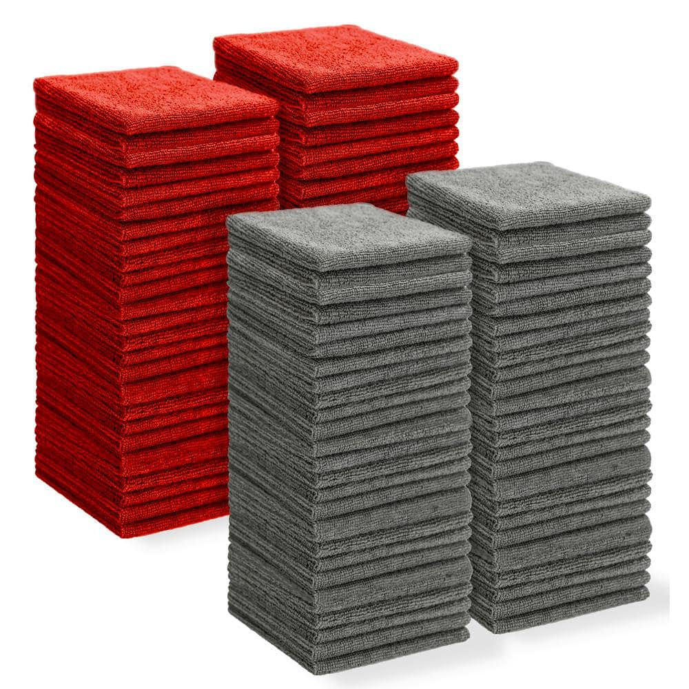 Edgeless Technology Microfiber Towels, 2 Free Dispenser Boxes, 12 In. X 12 In., Red/Gray (100-Pack)