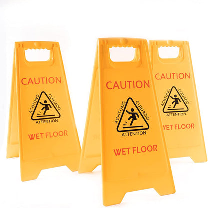 MATTHEW CLEANING 25'' Industrial Wet Floor Sign 3 Pack 2-Sided Safety A-Frame Birght Yellow Multilingual Warning Signs Commercial Caution Wet Fold-Out Floor Signs for Indoors and Outdoors