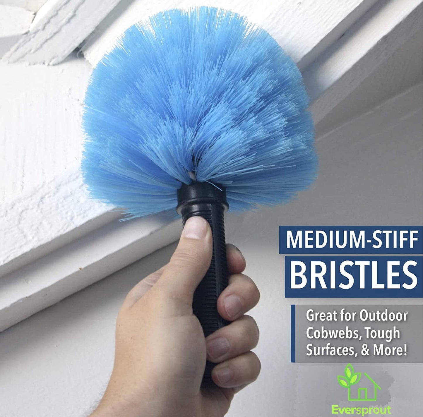 1.5-To-3 Foot Cobweb Duster and Extension-Pole Combo (8-10 Ft Standing Reach, Medium-Stiff Bristles) | Lightweight 3-Stage Aluminum Pole | Hand-Packaged Indoor/Outdoor Use Brush Attachment