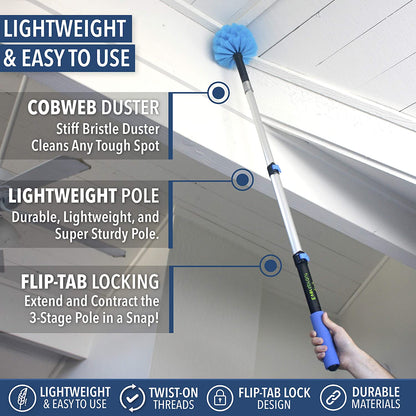 1.5-To-3 Foot Cobweb Duster and Extension-Pole Combo (8-10 Ft Standing Reach, Medium-Stiff Bristles) | Lightweight 3-Stage Aluminum Pole | Hand-Packaged Indoor/Outdoor Use Brush Attachment