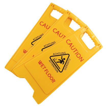 MATTHEW CLEANING 25'' Industrial Wet Floor Sign 3 Pack 2-Sided Safety A-Frame Birght Yellow Multilingual Warning Signs Commercial Caution Wet Fold-Out Floor Signs for Indoors and Outdoors