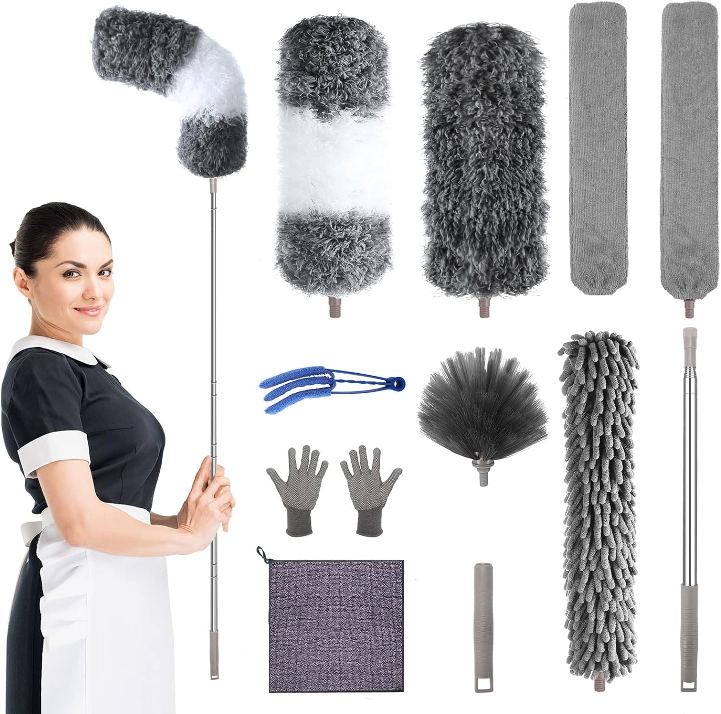 Microfiber Feather Duster with Extension Pole 30 to 100 Inches, Reusable,Bendable, Washable Dusters for Cleaning Ceiling Fan, High Ceiling, Blinds, Furniture & Cars, 12PCS