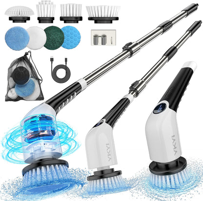 Electric Spin Scrubber,Cordless Cleaning Brush,Shower Cleaning Brush with 8 Replaceable Brush Heads, Power Scrubber 3 Adjustable Speeds,Adjustable & Detachable Long Handle,Voice Broadcast