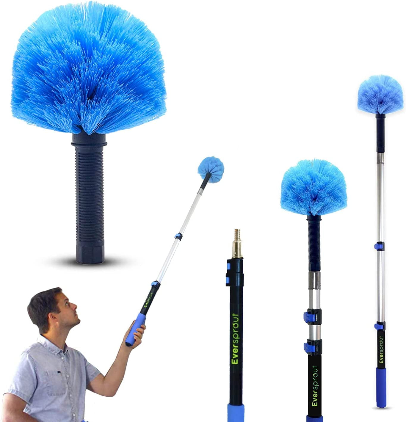 1.5-To-3 Foot Cobweb Duster and Extension-Pole Combo (8-10 Ft Standing Reach, Medium-Stiff Bristles) | Lightweight 3-Stage Aluminum Pole | Hand-Packaged Indoor/Outdoor Use Brush Attachment