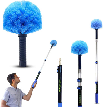 1.5-To-3 Foot Cobweb Duster and Extension-Pole Combo (8-10 Ft Standing Reach, Medium-Stiff Bristles) | Lightweight 3-Stage Aluminum Pole | Hand-Packaged Indoor/Outdoor Use Brush Attachment